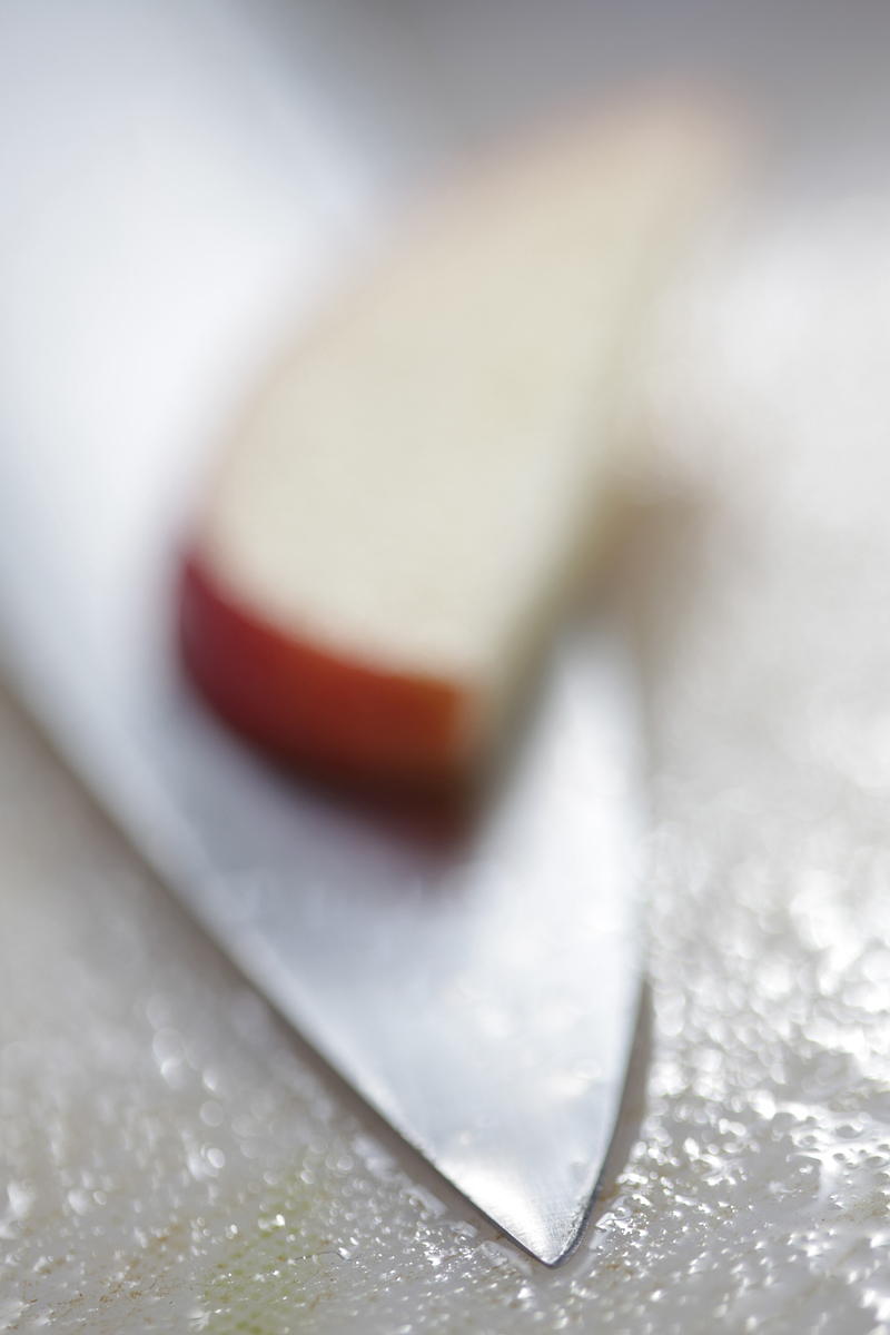 food, knife, cutting apple on cutting board